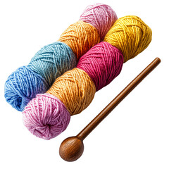 Colorful balls of yarn and wooden crochet hook for crafting and creativity transparent background