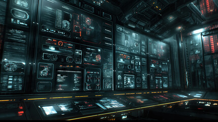Fototapeta premium Futuristic control room filled with digital displays and screens, glowing with neon lights and showcasing advanced technology, creating a high-tech, sci-fi atmosphere.