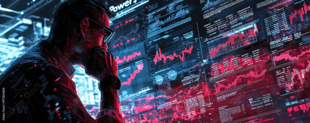 Poster stock market analysis with futuristic digital display showing financial graphs and data insights in 