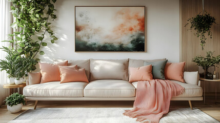 A cozy living room featuring a light sofa, decorative pillows, and indoor plants.