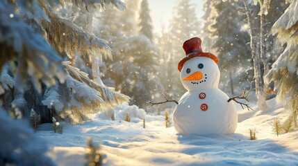 Obraz premium Idyllic winter scene with a snowman decorated with buttons and a carrot nose, nestled
