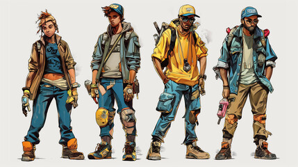 Naklejka premium Group of four urban-styled characters in casual, rugged outfits, conveying a cool and edgy streetwear vibe with accessories like backpacks and gloves.