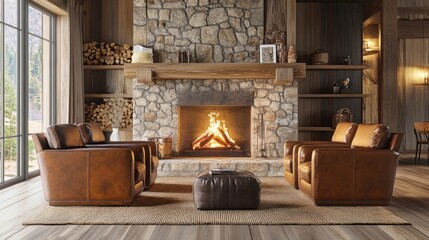 Modern rustic living room with stone fireplace and leather armchairs