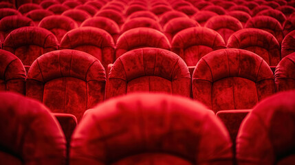 Obraz premium Rows of plush, deep red theater seats create a sense of opulence and anticipation, with the soft texture inviting viewers to take their seats for a performance.