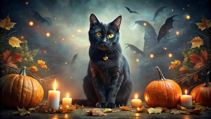 Dark mystical black cat Halloween magic