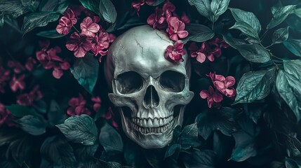 Skull art featuring nature themes, such as flowers and leaves, soft lighting