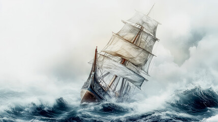 Obraz premium A sailing ship navigating through stormy waters, depicting courage, resilience, and the journey to success, isolated on a white background