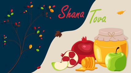 Rosh Hashanah design with pomegranate. Shana Tova poster, vector illustration.
