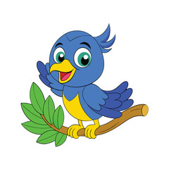 Cute blue bird cartoon on the tree branch vector art illustration.