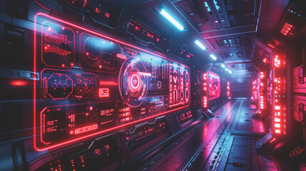 Futuristic control panel room with advanced technology.
