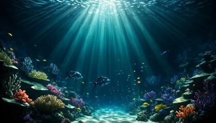 A captivating underwater scene featuring a diverse coral reef teeming with colorful fish. Sunlight rays penetrate the water, illuminating the vibrant coral and marine life, creating a serene and