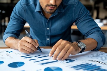 A business leader planning a resource strategy, reviewing spreadsheets and charts that detail time and materials needed for upcoming projects