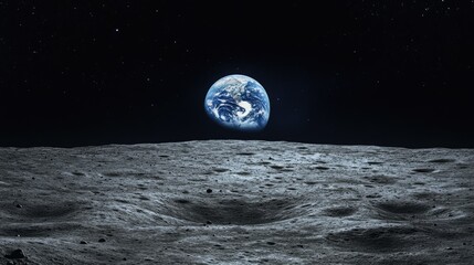 A view of Earth from the moon's surface, with the planet rising above the horizon.