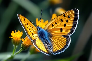 A butterfly resting on a flower, its wings slowly opening and closing as it basks in the sunlight of a meadow