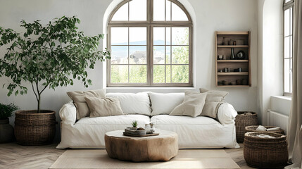A cozy living room featuring a white sofa, natural decor, and large windows.