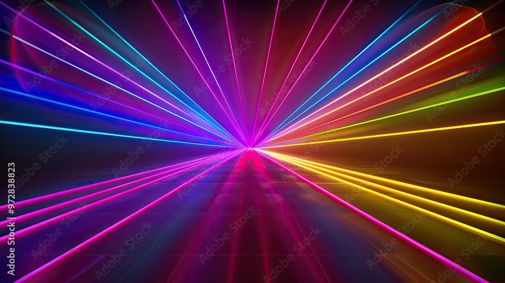 Poster a vibrant display of colorful laser beams converging towards a central point, creating a dynamic and