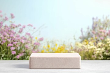 Fototapeta premium Elegant Velvet Podium showcased from the front against a lively spring garden backdrop, enhancing product visibility and charm for a captivating display.