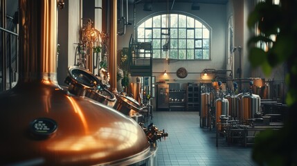 Inside a German brewery with a focus on the brewing process, including large kettles,