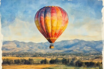 Naklejka premium Watercolor Hot Air Balloon Over Fields