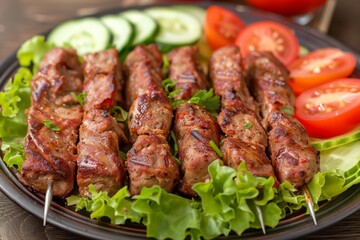 Chapli Kebab: Spicy chapli kebabs served on a bed of lettuce with slices of tomatoes and cucumbers