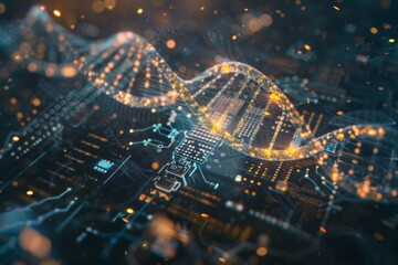 Close up shot of DNA double helix model rendered with a futuristic digital interface overlay