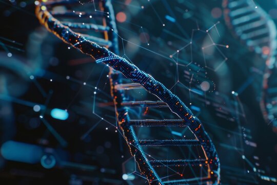 Close up shot of DNA double helix model rendered with a futuristic digital interface overlay - Powered by Adobe