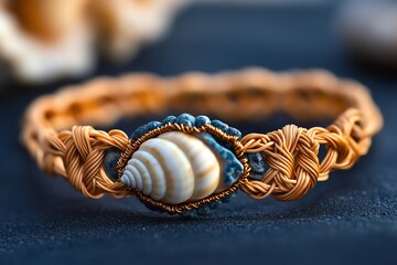 Naklejka premium A close-up of a shell and sea stone bracelet, with intricate knot work holding the natural elements together in a unique, earthy design