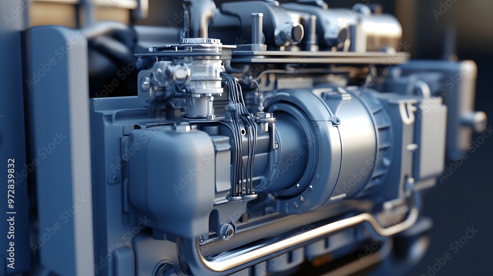 Poster 32. **close-up 3d model of a compact diesel generator engine with detailed alternator and cooling sy