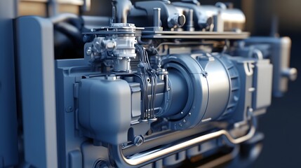 Obraz premium 32. **Close-up 3D model of a compact diesel generator engine with detailed alternator and cooling system