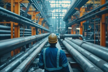 Fototapeta premium Male worker inspection at steel long pipes and pipe elbow in station oil factory