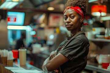 Obraz premium Middle aged adult African American female fast food worker