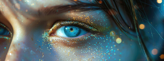 Closeup of female eyes with glitters looking at camera