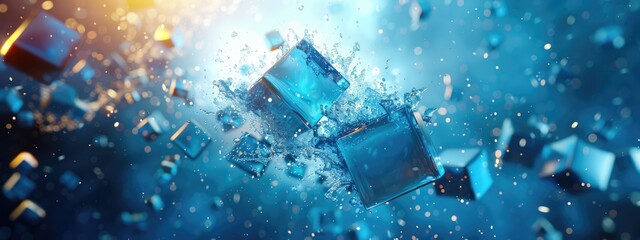 Falling ice cube with water drops splashing abstract background selective focus