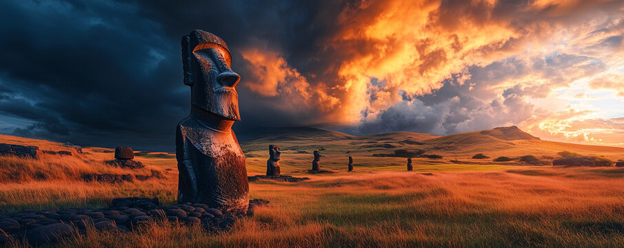 The mystical moai statues of Easter Island under a dramatic sky