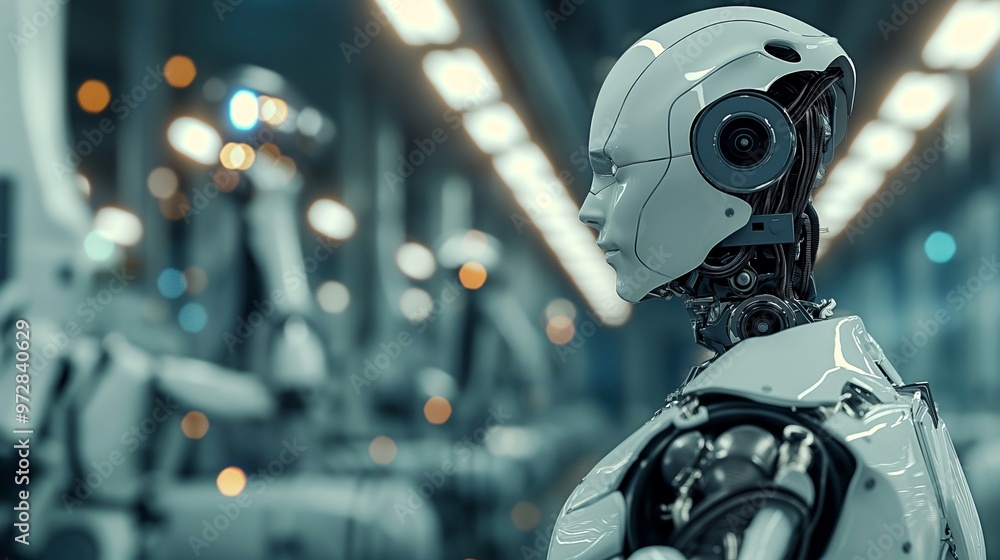 Aufkleber a robot stands in a factory with a light on above it. the robot is white and has a face. the factory