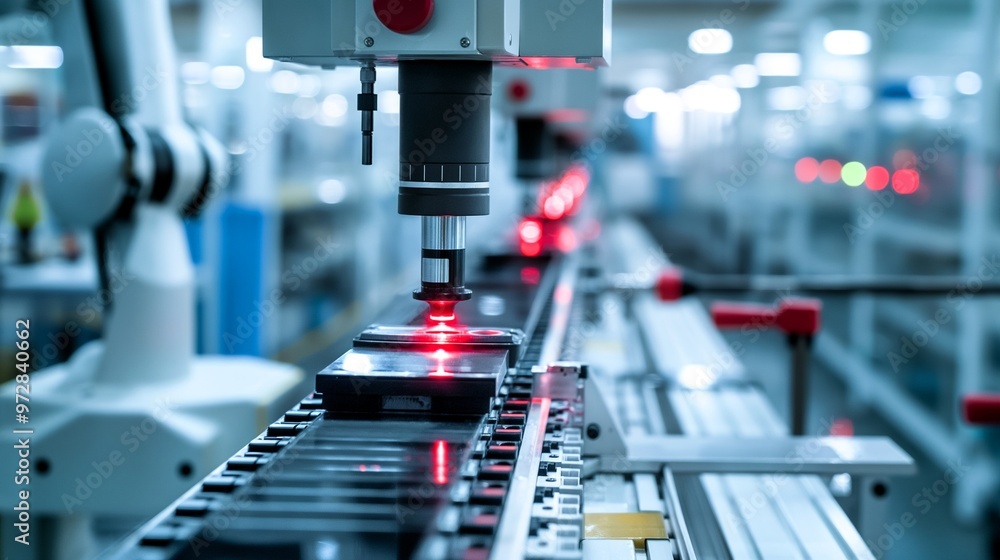 Poster a factory assembly line with a machine that is glowing red. the machine is in the middle of the line