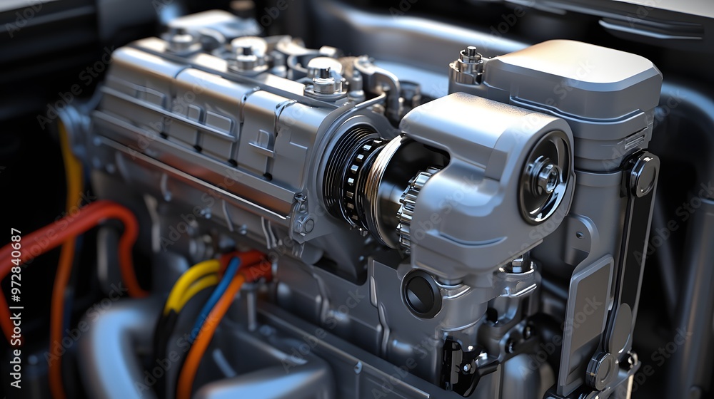 Poster 32. **close-up 3d model of a compact diesel generator engine with detailed alternator and cooling sy