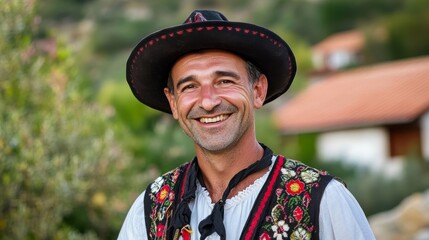 Authentic Croatian Charm - Smiling Man in Traditional Folk Attire in Picturesque Mediterranean Village