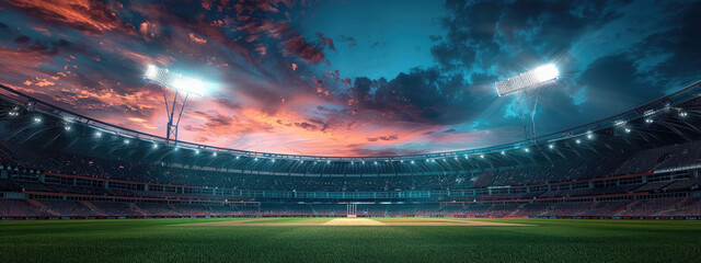Modern stadium at night and cricket field with lights cloudy sky