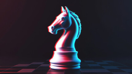 A striking vector illustration featuring a chess knight, represented by the head of a horse, set against a dark background. The design incorporates a glitch effect, adding an anaglyph color effect to 