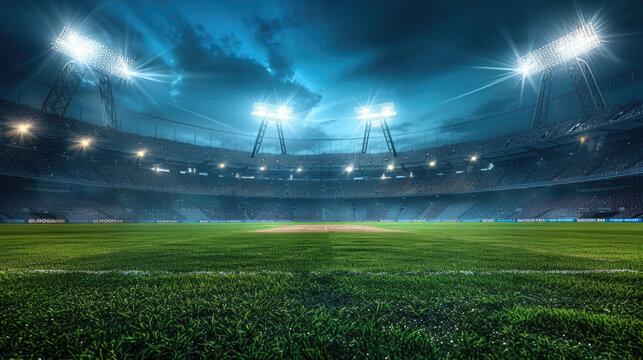 Modern sport stadium at night and cricket field with lights cloudy sky