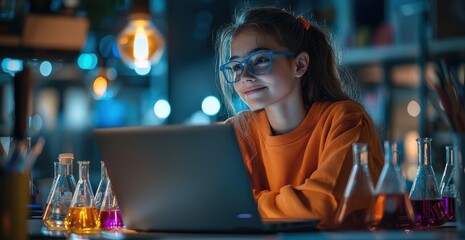 A teenage girl in bright orange sweatshirt using laptop in a science lab with colorful beakers and blue ambient lighting.
