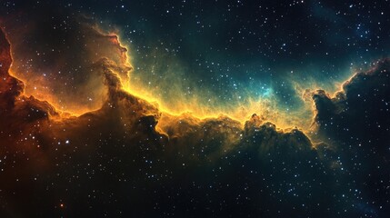 Fototapeta premium A vibrant nebula with swirls of orange, yellow and blue gas clouds, set against a backdrop of countless stars in a deep space scene.