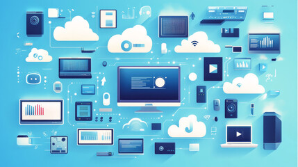 The vector illustration presents a concept of global computing services, emphasizing the cloud&rsquo;s role in connecting gadgets and computers worldwide. Devices such as smartphones, tablets, and computers