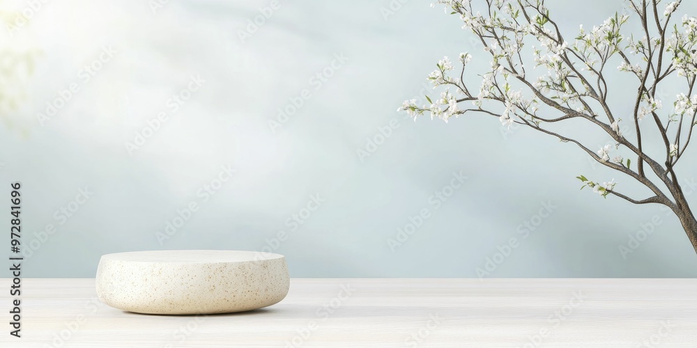 Sticker Serene Zen Podium, front view focus, with Peaceful Meditation Retreat Background, product displays