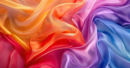 Obraz premium A vibrant display of flowing silk fabric in shades of orange, pink, and purple, showcasing texture and color interplay.