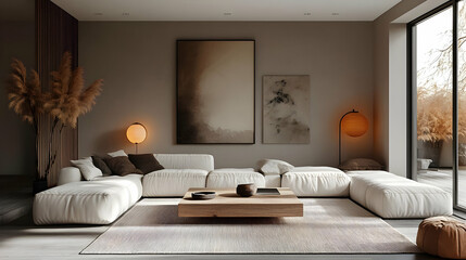 A cozy modern living room with neutral tones and natural elements.