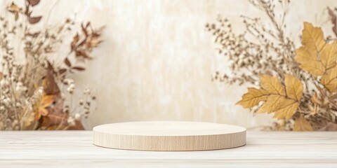 Stylish Maple Podium front view focus with Cozy autumn bonfire gathering background product displays