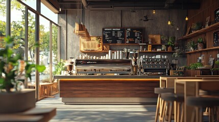A coffee shop interior featuring a central espresso bar surrounded by cozy seating, creating a warm and inviting atmosphere for socializing.
