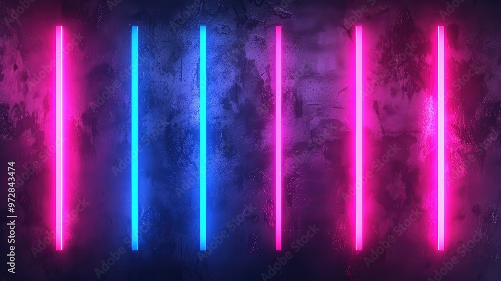 Poster a vibrant display of neon lights in blue and pink against a textured wall, creating a modern and dyn
